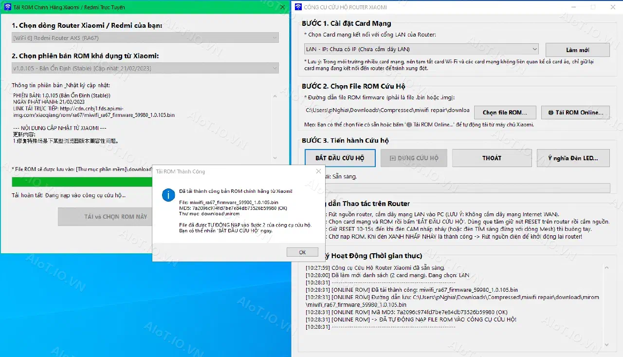 Tải thành công và tự động chọn file ROM