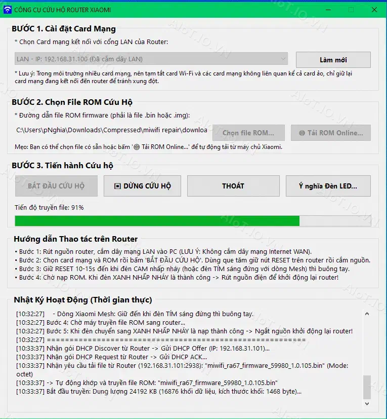 Quá trình truyền file ROM đang diễn ra thời gian thực