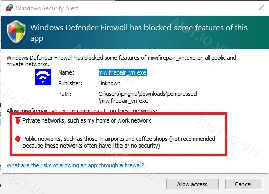 Tick chọn cả 2 dòng để mở tường lửa Windows cho tool
