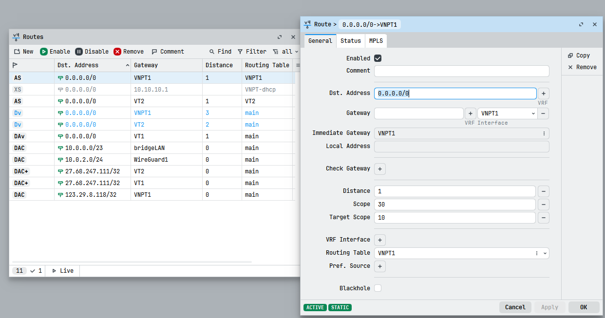 Default route của VNPT1 và VT2 trong WinBox