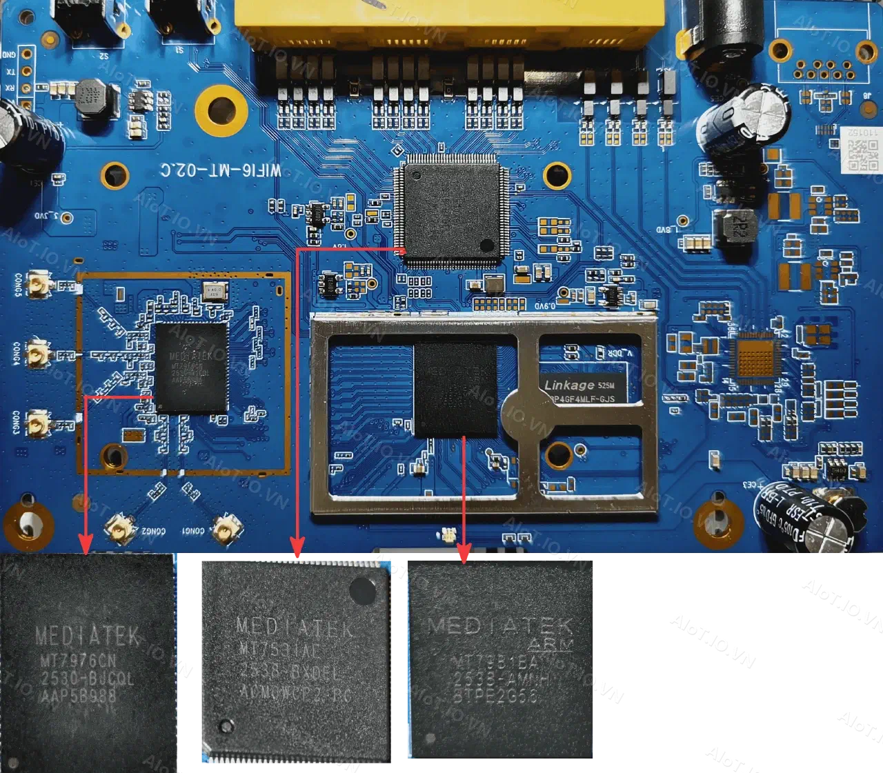 Close-up of the primary semiconductor chips on the Viettel SDMC NR3053 PCB